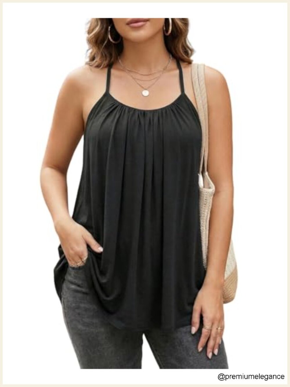 Plus Size Flowy Tank Top - Sleeveless with Pleated Front, Spaghetti Straps,